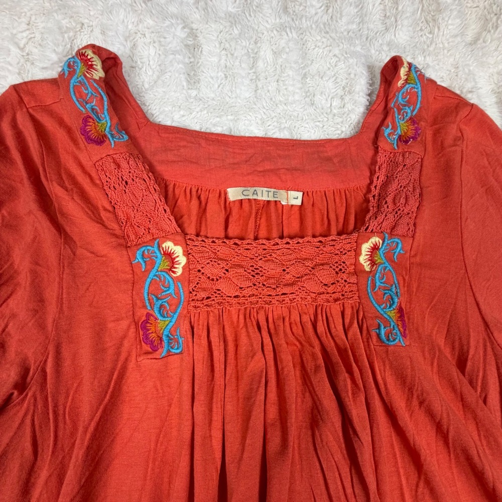 Caite Womens Orange Embroidered Crochet Lace Square Neck Peasant Top L T563E270